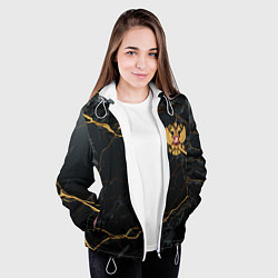 Куртка с капюшоном женская Золотой герб России на черно-золотой текстуре, цвет: 3D-белый — фото 2