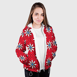 Куртка с капюшоном женская Белые цветы в ромбах на красном, цвет: 3D-белый — фото 2