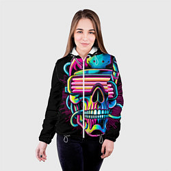 Куртка с капюшоном женская Cyber skull - ai art neon, цвет: 3D-белый — фото 2