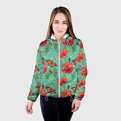 Куртка с капюшоном женская Красные маки и бабочка монарх, цвет: 3D-белый — фото 2