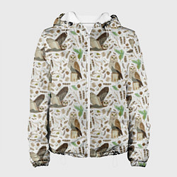 Куртка с капюшоном женская Совы и перья, цвет: 3D-белый