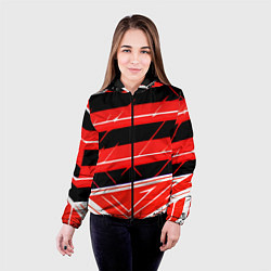 Куртка с капюшоном женская Чёрно-белые полосы на красном фоне, цвет: 3D-черный — фото 2