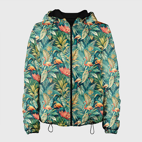 Женская куртка Тропический фламинго в цветах / 3D-Черный – фото 1