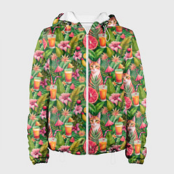Женская куртка Летний котик с коктейлем в тропических цветах