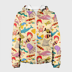 Куртка с капюшоном женская Морские обитатели узор, цвет: 3D-белый