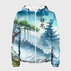 Куртка с капюшоном женская Японский пейзаж - акварель живопись, цвет: 3D-белый