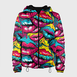 Куртка с капюшоном женская Граффити губы женские с блеском, цвет: 3D-черный