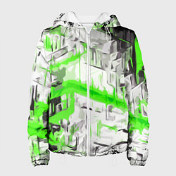 Куртка с капюшоном женская Бело-зелёная абстракция на чёрном фоне, цвет: 3D-белый