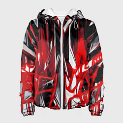 Куртка с капюшоном женская Красно-белая хаотичная абстракция на чёрном фоне, цвет: 3D-белый