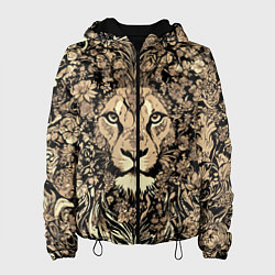 Куртка с капюшоном женская Лев среди узоров из цветов, цвет: 3D-черный