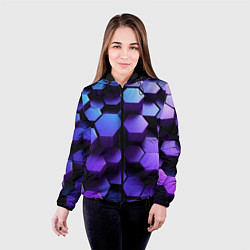Куртка с капюшоном женская Абстрактные трехмерные фиолетовые гексагоны, цвет: 3D-черный — фото 2