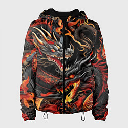 Куртка с капюшоном женская Огненные драконы в стиле тату ирезуми на черном, цвет: 3D-черный