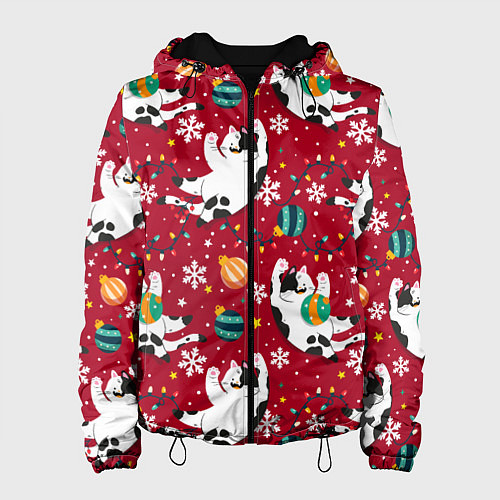 Женская куртка Новогодний паттерн с котиками / 3D-Черный – фото 1