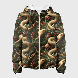 Куртка с капюшоном женская Паттерн со змеями и елкой, цвет: 3D-белый
