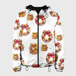 Куртка с капюшоном женская Много новогодних пончиков и подарков с бантиком и, цвет: 3D-черный