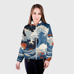 Куртка с капюшоном женская Япония волны алые цветы, цвет: 3D-белый — фото 2