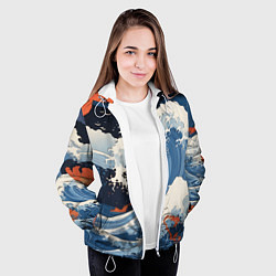 Куртка с капюшоном женская Япония волны алые цветы, цвет: 3D-белый — фото 2