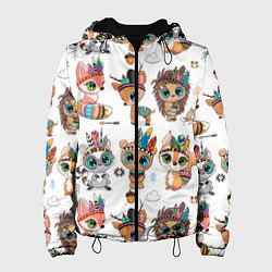 Куртка с капюшоном женская Зверушки индейцы цветной паттерн, цвет: 3D-черный
