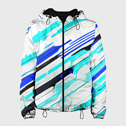 Куртка с капюшоном женская Чёрно-сине-голубые полосы на белом фоне, цвет: 3D-черный