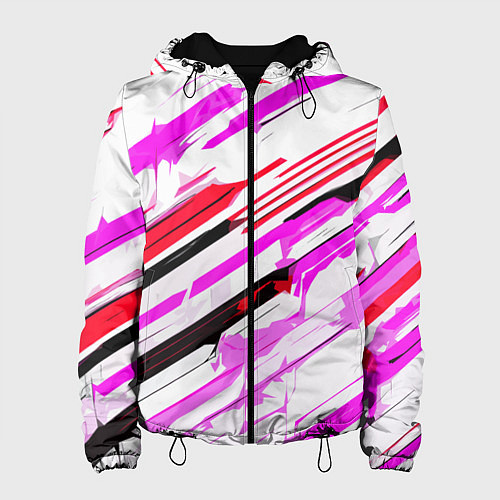 Женская куртка Красно-розово-чёрные полосы на белом фоне / 3D-Черный – фото 1