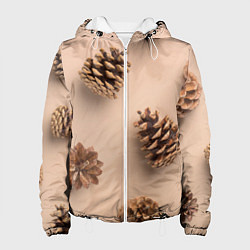 Куртка с капюшоном женская Еловые шишки на бежевом фоне, цвет: 3D-белый