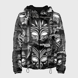 Куртка с капюшоном женская Африканские маски на пэчворк дениме, цвет: 3D-черный