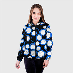 Куртка с капюшоном женская Бело-синие шестиугольники на чёрном фоне, цвет: 3D-черный — фото 2
