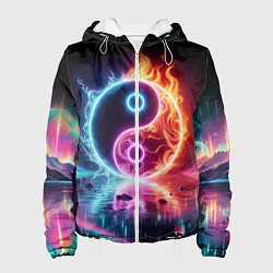 Куртка с капюшоном женская Инь янь - неоновый космос, цвет: 3D-белый
