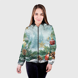 Куртка с капюшоном женская Золотые снежинки - новогодний фон, цвет: 3D-черный — фото 2