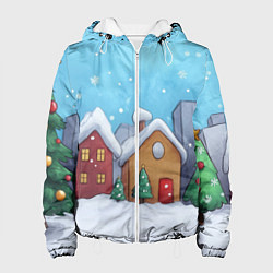 Куртка с капюшоном женская Домики новогодние, цвет: 3D-белый