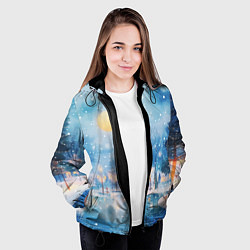 Куртка с капюшоном женская Новогодняя атмосфера - акварель, цвет: 3D-черный — фото 2