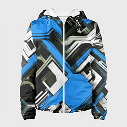 Куртка с капюшоном женская Сине-белый техно паттерн на чёрном фоне, цвет: 3D-белый