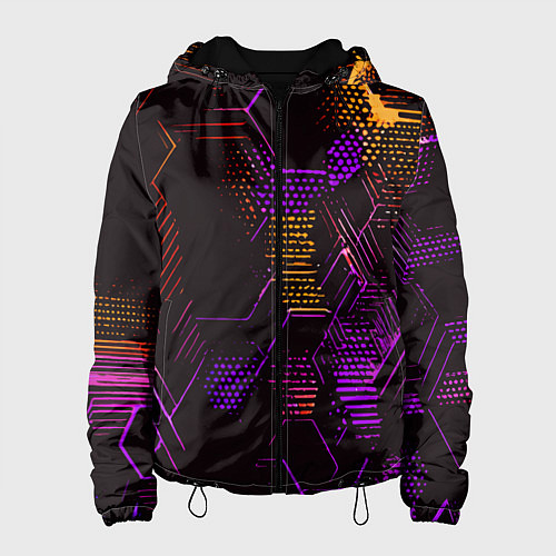 Женская куртка Жёлто-фиолетовые точки и линии на чёрном фоне / 3D-Черный – фото 1
