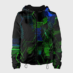 Куртка с капюшоном женская Сине-зелёные точки и линии на чёрном фоне, цвет: 3D-черный