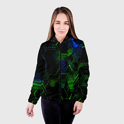 Куртка с капюшоном женская Сине-зелёные точки и линии на чёрном фоне, цвет: 3D-черный — фото 2