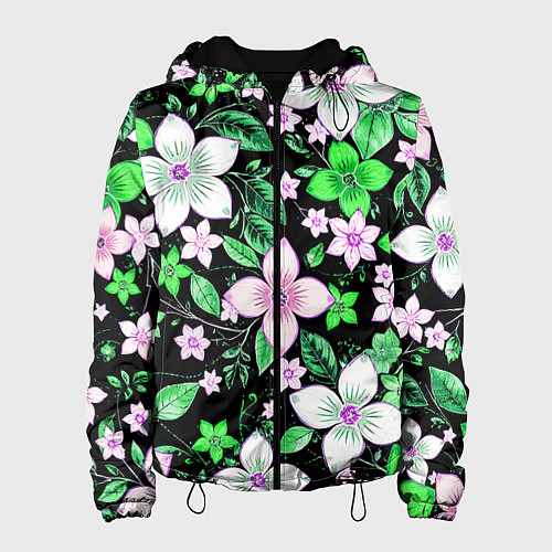 Женская куртка Зелёно-белые цветы на чёрном фоне / 3D-Черный – фото 1