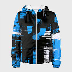 Куртка с капюшоном женская Сине-белый гранж на чёрном фоне, цвет: 3D-белый