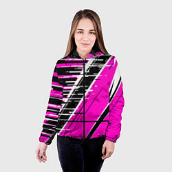 Куртка с капюшоном женская Чёрно-белые глитч полосы на розовом фоне, цвет: 3D-черный — фото 2