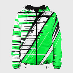 Куртка с капюшоном женская Чёрно-белые глитч полосы на зелёном фоне, цвет: 3D-черный