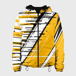 Куртка с капюшоном женская Чёрно-белые глитч полосы на жёлтом фоне, цвет: 3D-черный