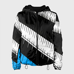 Куртка с капюшоном женская Диагональные чёрно-белые полосы на синем фоне, цвет: 3D-черный