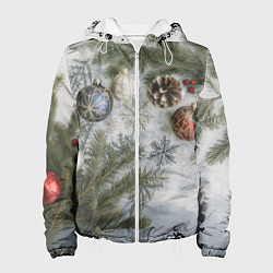 Куртка с капюшоном женская Новогодние ветки, цвет: 3D-белый