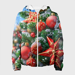 Куртка с капюшоном женская Красные шары и звезда новогодняя, цвет: 3D-белый