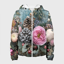 Куртка с капюшоном женская Новогодние цветы и шишки, цвет: 3D-белый