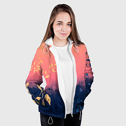 Куртка с капюшоном женская Листья на сине-розовом фоне - нейросеть, цвет: 3D-белый — фото 2