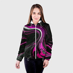 Куртка с капюшоном женская Волнистые бело-розовые линии на чёрном фоне, цвет: 3D-белый — фото 2