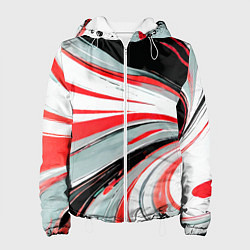 Куртка с капюшоном женская Волнистые бело-красные линии на чёрном фоне, цвет: 3D-белый