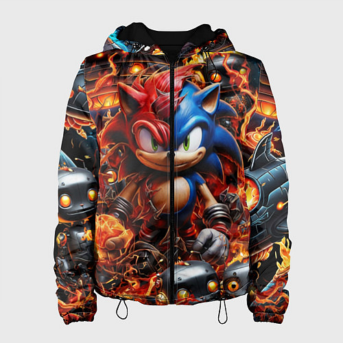 Женская куртка Соник и Наклз на фоне огня и роботов / 3D-Черный – фото 1