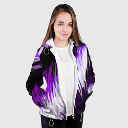 Куртка с капюшоном женская Бело-фиолетовые острые полосы на чёрном фоне, цвет: 3D-белый — фото 2