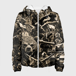 Куртка с капюшоном женская Медведь на фоне десантников танков и самолетов, цвет: 3D-белый